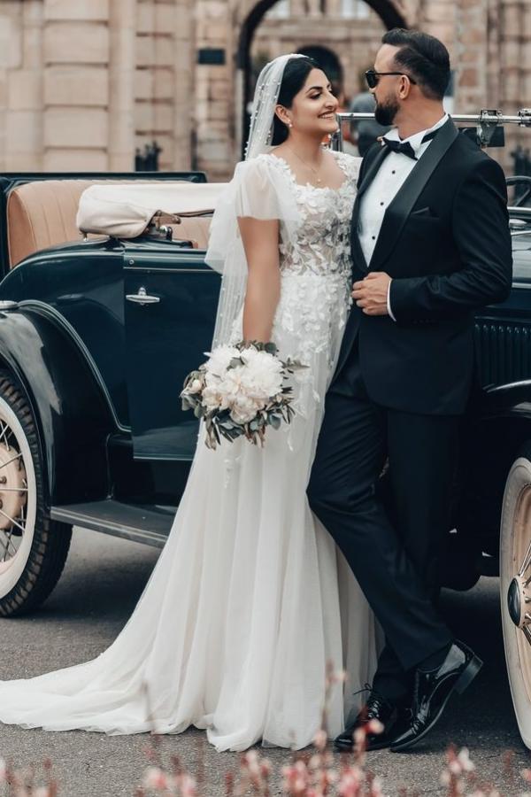 Elegant Square Neck Tulle Lace A-line Wedding Dresses Short Sleeves Princess Wedding Gown-newarrivaldress