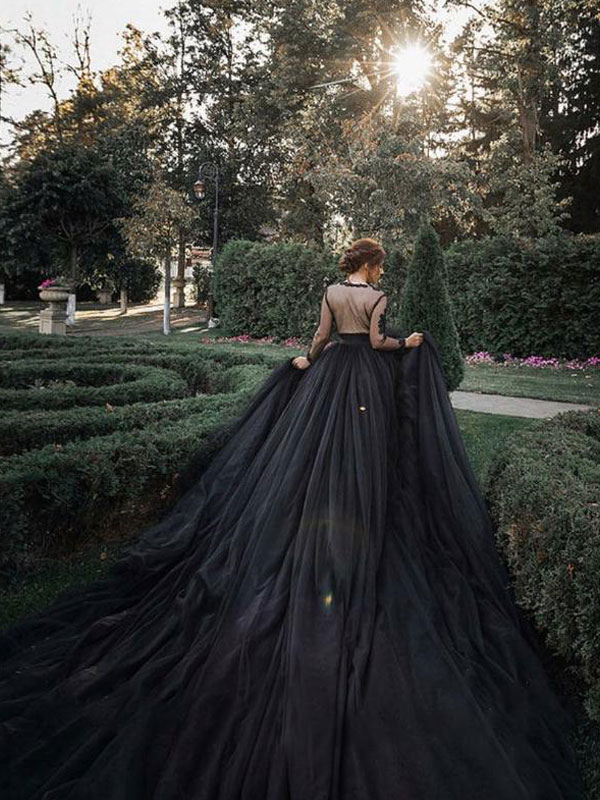 Black Wedding Dresses Tulle A-Line V-Neck Long Sleeves Backless Natural Waist Lace Royal Train Bridal Gown-newarrivaldress