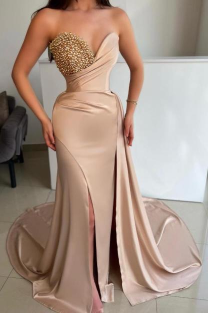 Sexy Strapless Satin Pearls Front Slit Prom Dress with Train-newarrivaldress