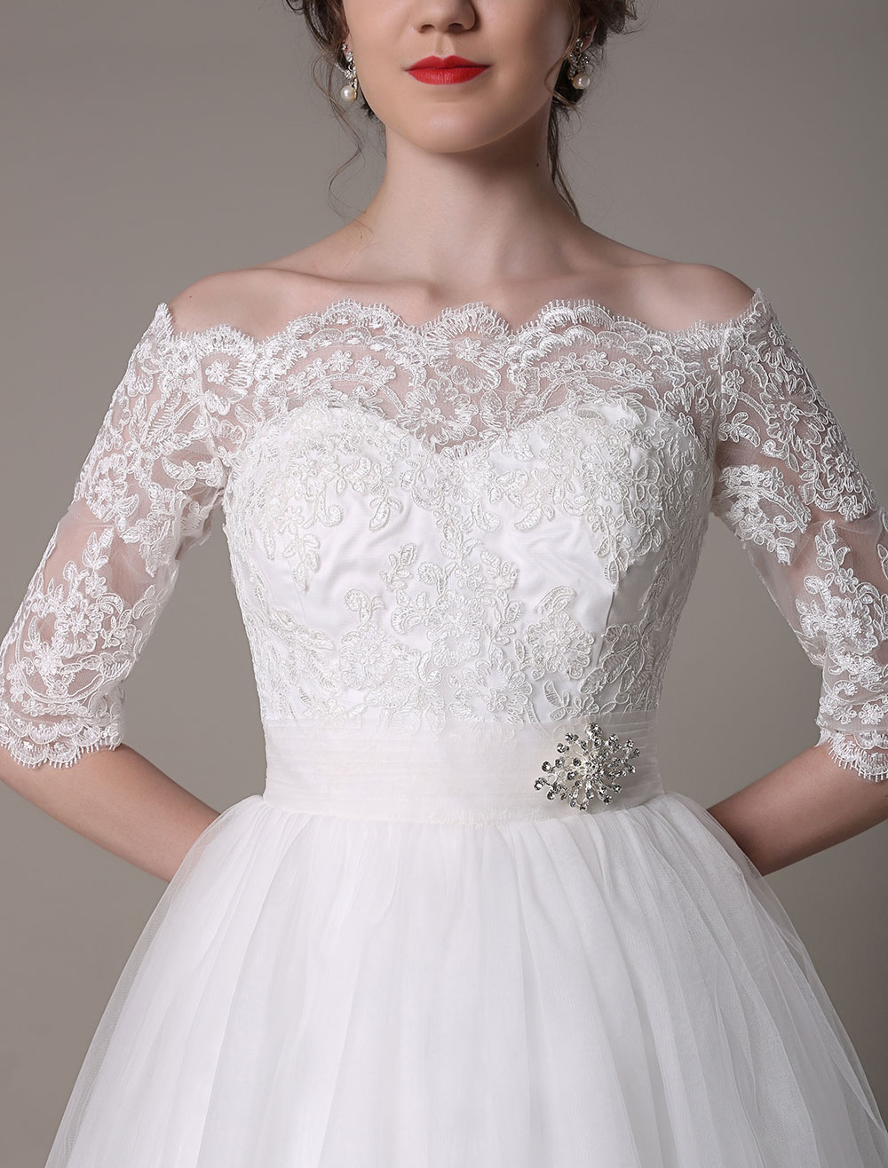 Lace Wedding Dresses 2021 Short Off The Shoulder A Line Knee Length Waist Rhinestone Bridal Dress Exclusive-newarrivaldress