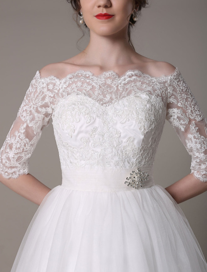 Lace Wedding Dresses 2021 Short Off The Shoulder A Line Knee Length Waist Rhinestone Bridal Dress Exclusive-newarrivaldress