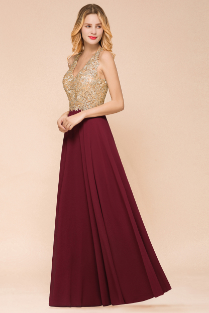Elegant Aline Chiffon Long Evening Dress Sleeveless Gold Appliques Wedding Party Dress-newarrivaldress