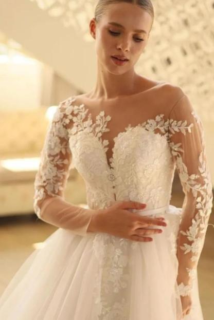 Scoop Neck White Aline Wedding Dresses with Sleeves Simple Tulle Lace Bridal Dress-newarrivaldress
