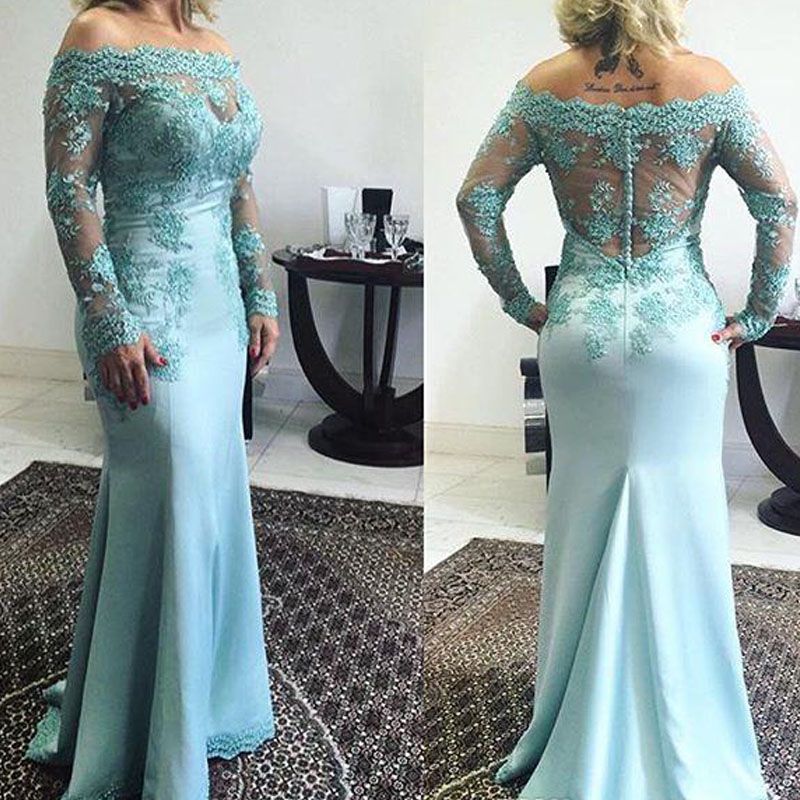 Delicate Lace Appliques Off-the-shoulder Long Sleeve Mermaid Zipper Prom Dress-newarrivaldress