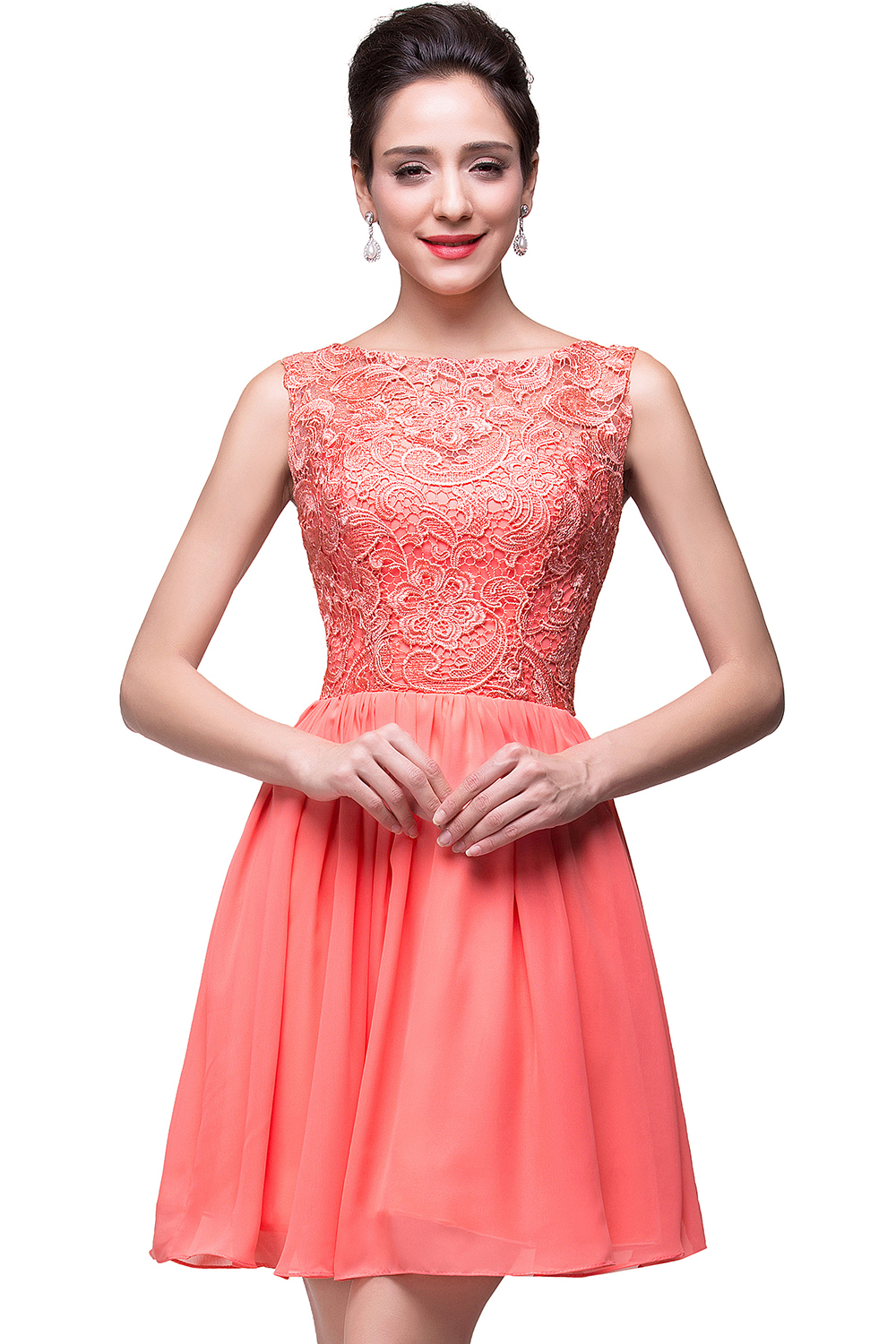 ELIANA | A-line Short Sleeveless Bateau Chiffon Ruffles Lace Top Prom Dresses-newarrivaldress