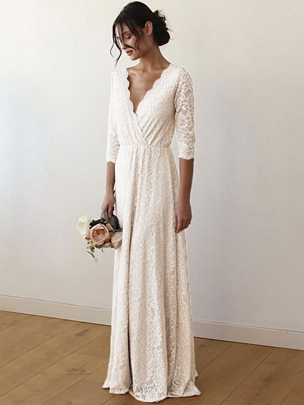 Wedding Dress Floor-Length A-Line 3/4 Length Sleeves V-Neck Lace Bridal Gowns-newarrivaldress