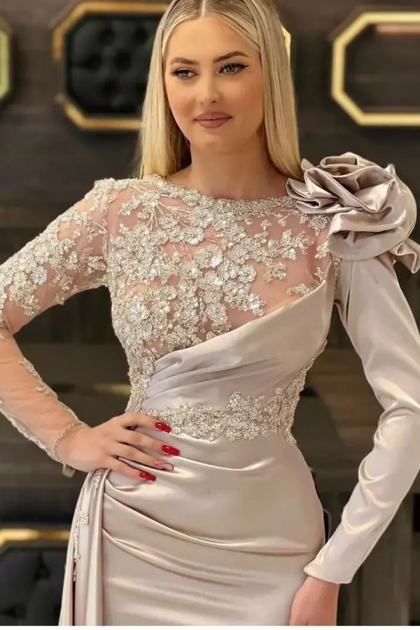 Charming Long Sleeves Mermaid Evening Gown 3D Flower Satin Prom Dress-newarrivaldress