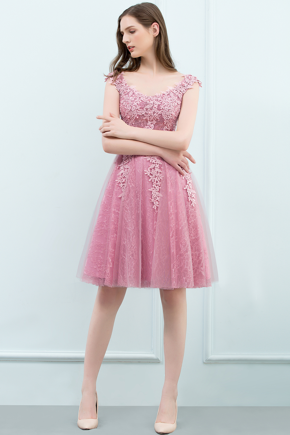 WILMA | Ball Gown Illusion Neckline Tea Length Lace Tulle Dusty Pink Prom Dresses with Beading-newarrivaldress