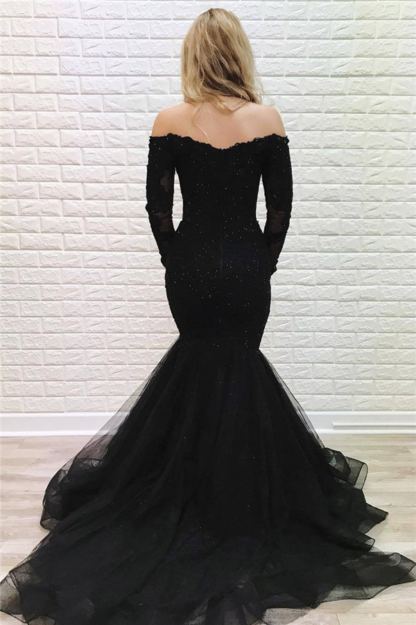 Black Off-The-Shoulder Long Sleeves Mermaid Evening Dresses-newarrivaldress