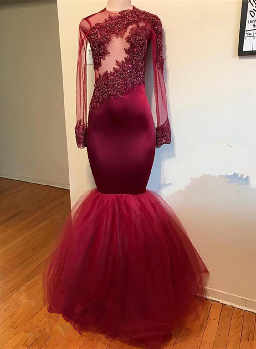 Modern Lace Appliques Long Sleeve Prom Dresses | Mermaid Burgundy Prom Dresses-newarrivaldress