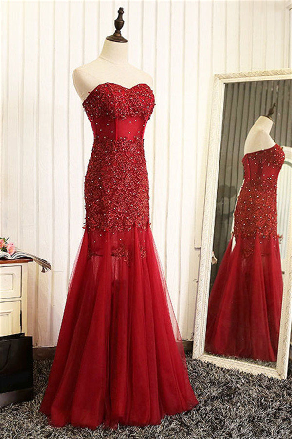 Mermaid Beaded Tulle Brilliant Sweetheart Sleeveless Lace Appliques Long Prom Dresses-newarrivaldress