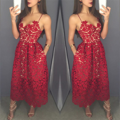 Sexy Red Lace Mini Cocktail DressSpaghetti Strap Sleeveless A-line BA3376-newarrivaldress
