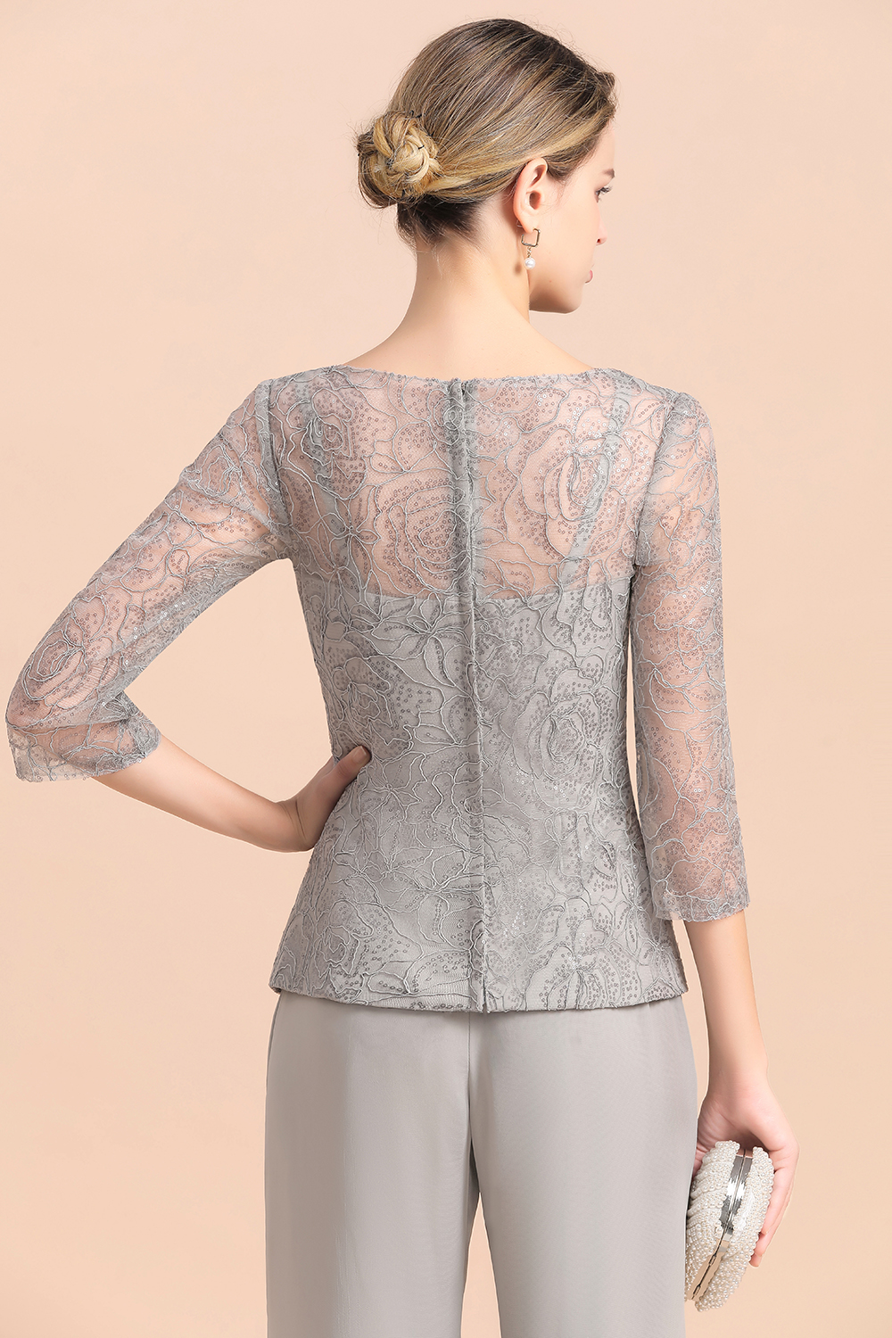 3/4 Sleeves Lace Chiffon Silver Mother of Bride Jumpsuit for Wedding Party-newarrivaldress