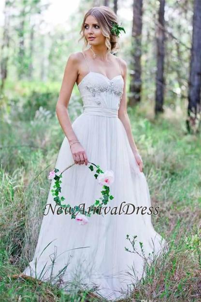 Tulle A-Line Custom Made Sexy Spaghetti Straps Beadings Simple Wedding Dresses-newarrivaldress