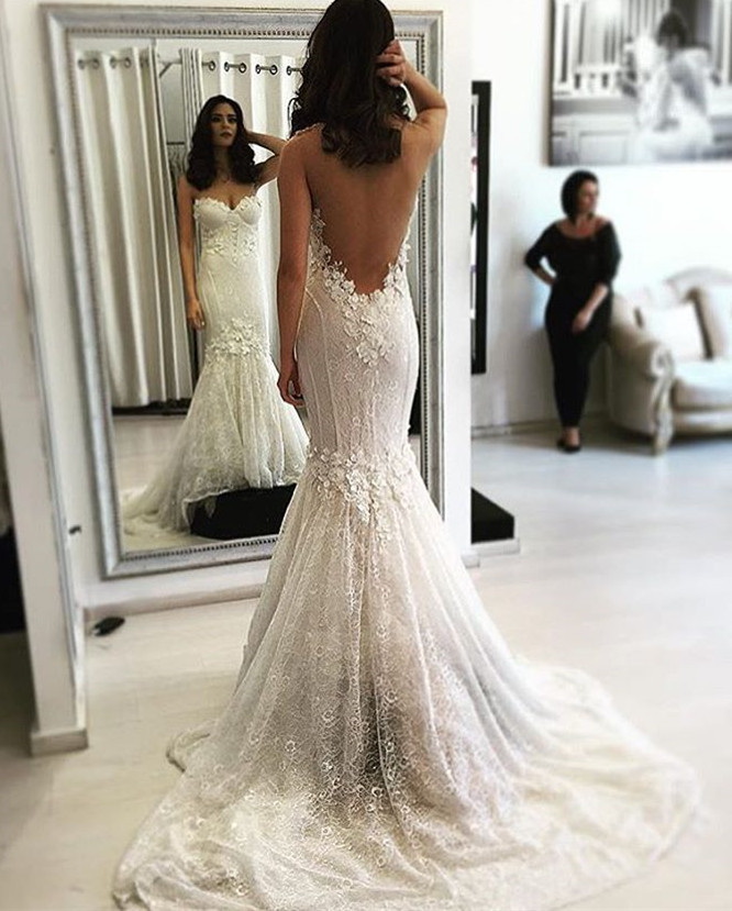 Beautiful Lace Open Back Mermaid Sweep Train Sweetheart Wedding Dresses-newarrivaldress