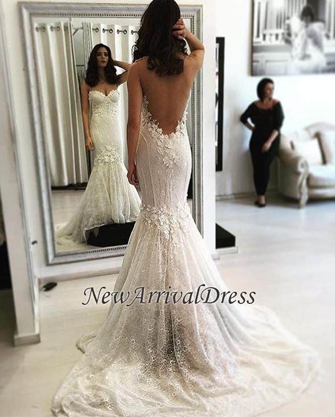 Beautiful Lace Open Back Mermaid Sweep Train Sweetheart Wedding Dresses-newarrivaldress
