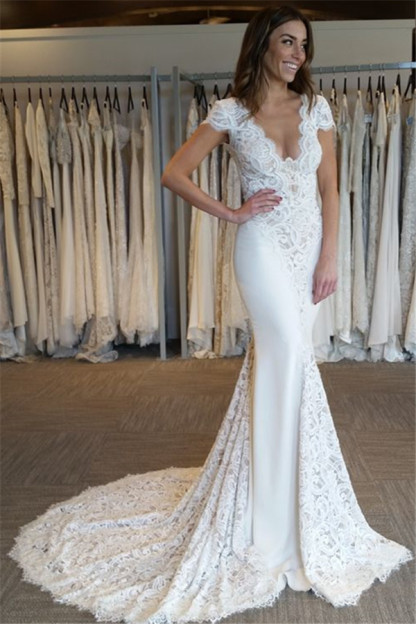 Court Train Lace Appliques V-Neck Elegant Cap Sleeves Mermaid Wedding Dresses Online-newarrivaldress
