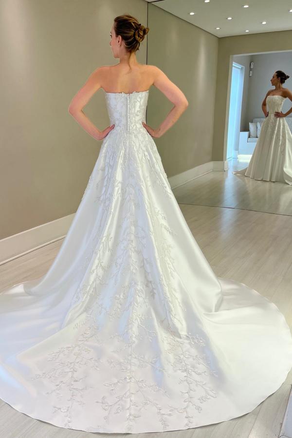Strapless White Satin Wedding Dresses Floral Lace A-line Bridal Dress-newarrivaldress
