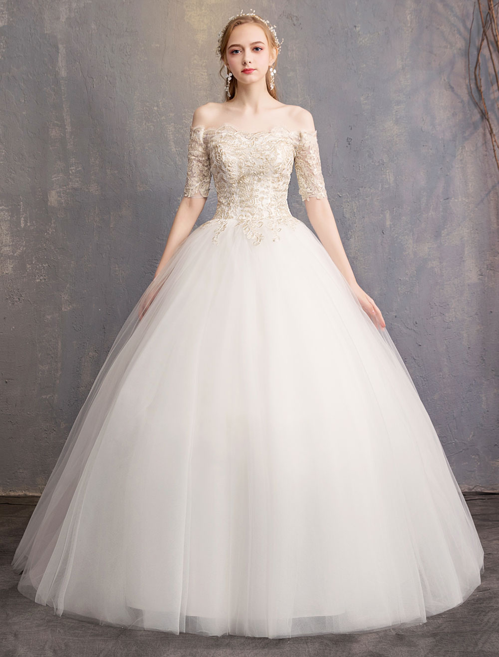 Tulle Wedding Dress Off The Shoulder Half Sleeve Princess Bridal Gown-newarrivaldress