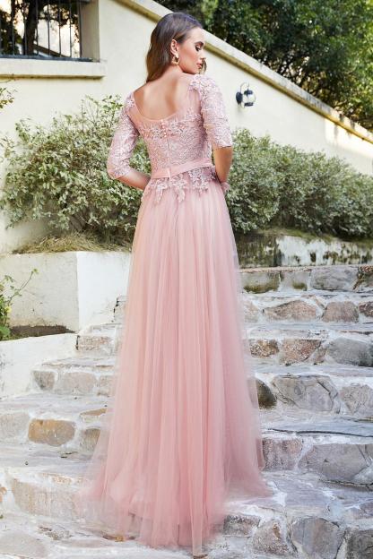 NANA | A-line Half Sleeves Floor Length Slit Appliqued Tulle Prom Dresses with Sash-newarrivaldress