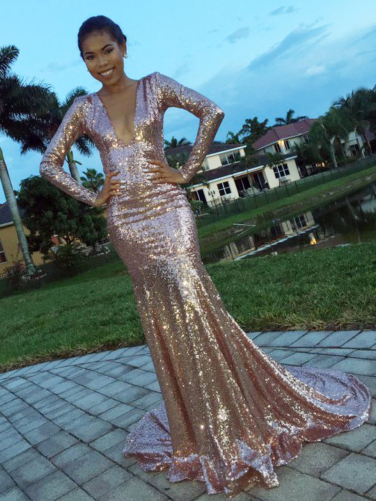 V-Neck Long-Sleeve Mermaid Sequins Glamorous Evening Dress BA8288-newarrivaldress