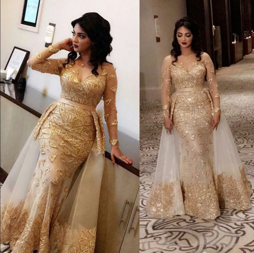 Stunning V-Neck Long Sleeves Mermaid Prom Dress Glitter Gold Appliques Evening Party Dress-newarrivaldress