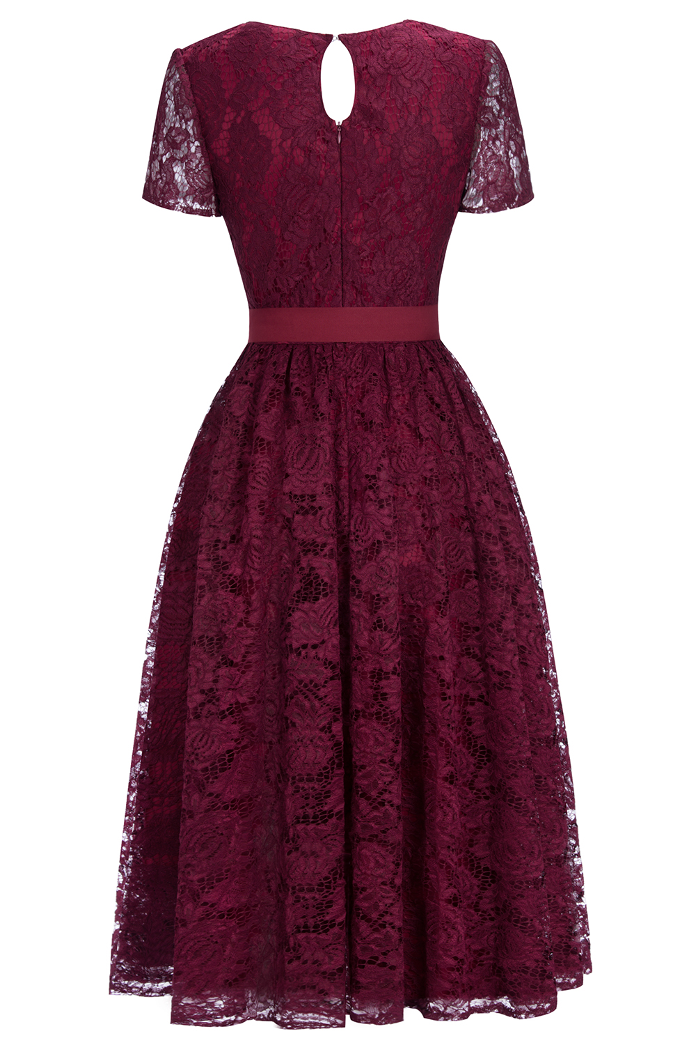 Burgundy Short Sleeves Flower Lace V-neck Dresses with Sash-newarrivaldress