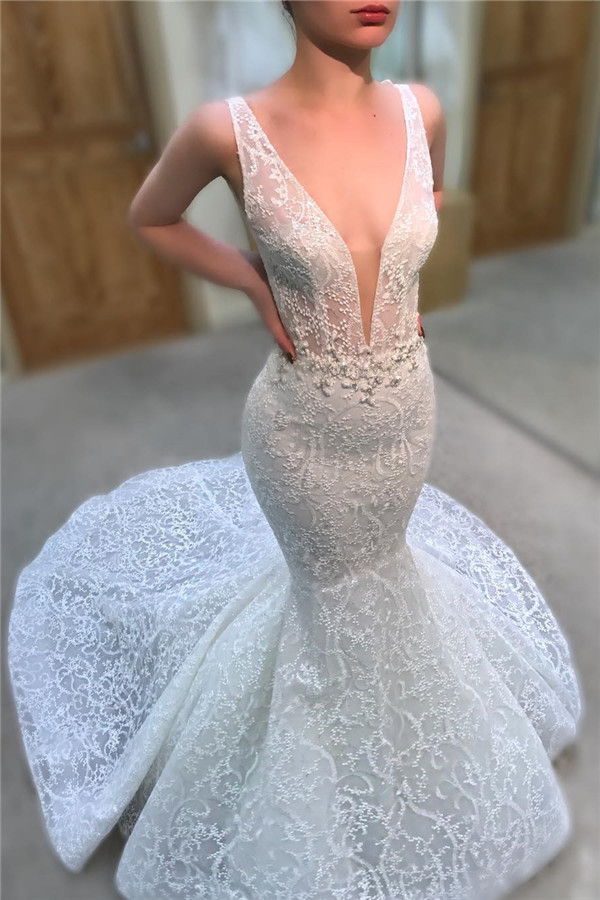Sexy Straps V-neck Beads Lace Wedding Dresses 2021 | Sleeveless Mermaid Court Train Bridal Gowns-newarrivaldress