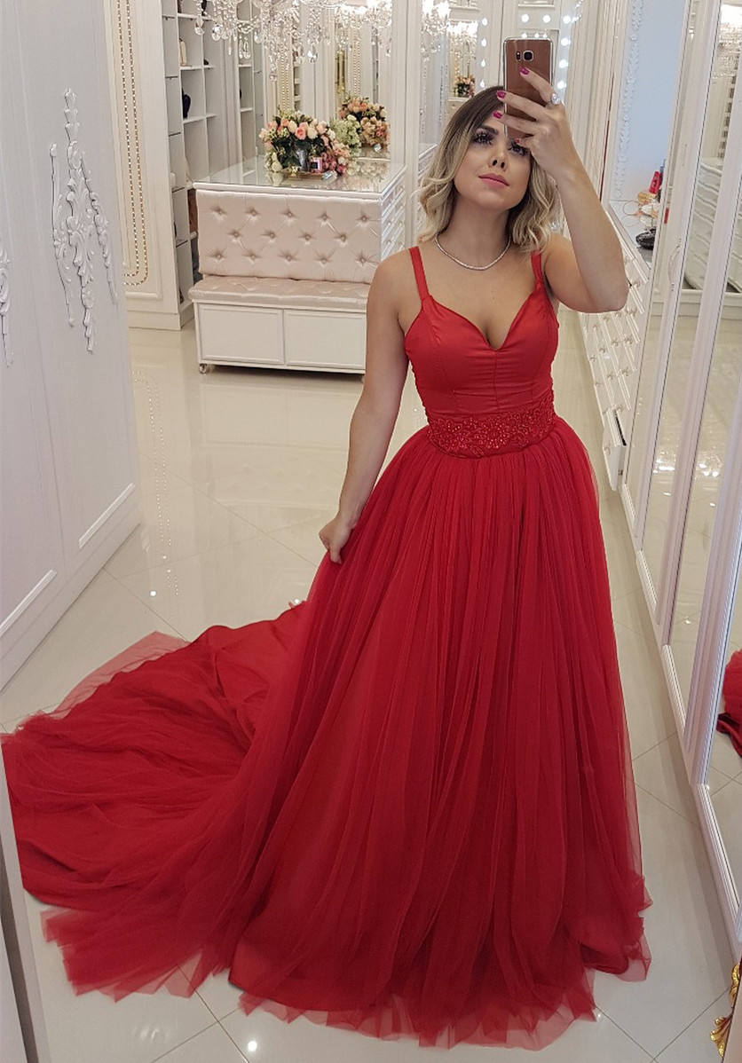 Sexy Red V-Neck Evening Dress | 2021 Mermaid Tulle Prom Dress-newarrivaldress