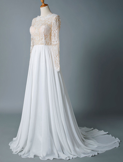 Boho Wedding Dresses 2021 Jewel Neck Long Sleeve A Line Floor Length Chffion Bridal Dress For Beach Wedding-newarrivaldress