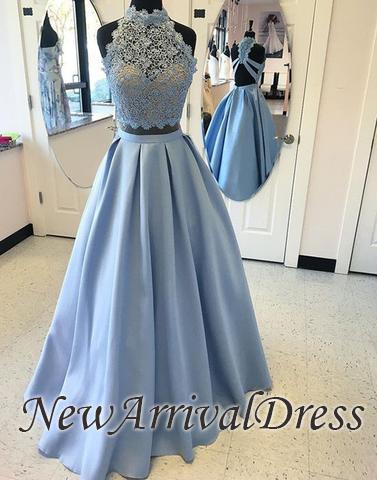 High Neck Two Piece Blue Custom Made A-line Lace Prom Dresses LPL071-newarrivaldress