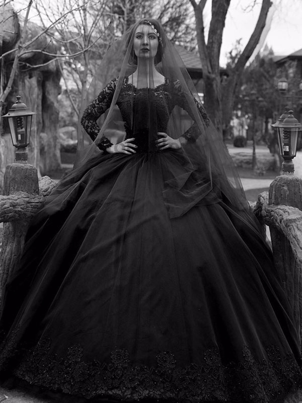 Gothic Wedding Dresses Princess Silhouette Long Sleeves Lace Taffeta Court Train Vintage Bridal Gown-newarrivaldress