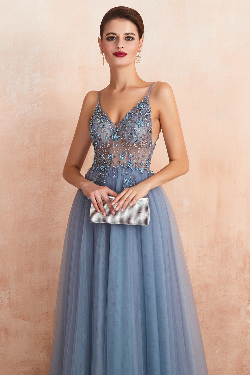 Stunning Spaghetti Straps Beadings Long Evening Dress Tulle V-Neck Side Split Prom Dress-newarrivaldress