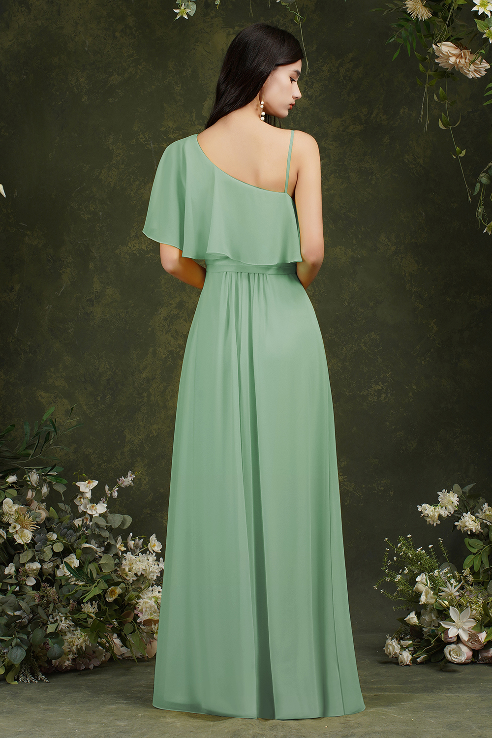 Yellow One Shoulder Chiffon Bridesmaid Dress Side Slit Long Evening Dress-newarrivaldress