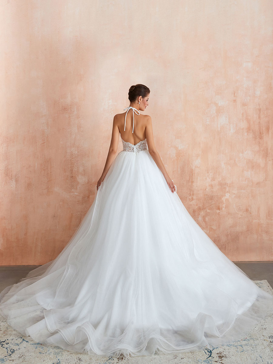 Wedding Dress 2021 Ball Gown Halter Sleeveless Floor Length Lace Tulle Bridal Gowns With Train-newarrivaldress