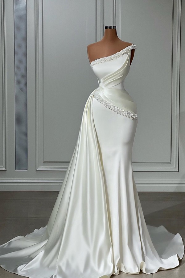 One Shoulder Satin Slim Mermaid Prom Dress with Side Sweep Train-newarrivaldress