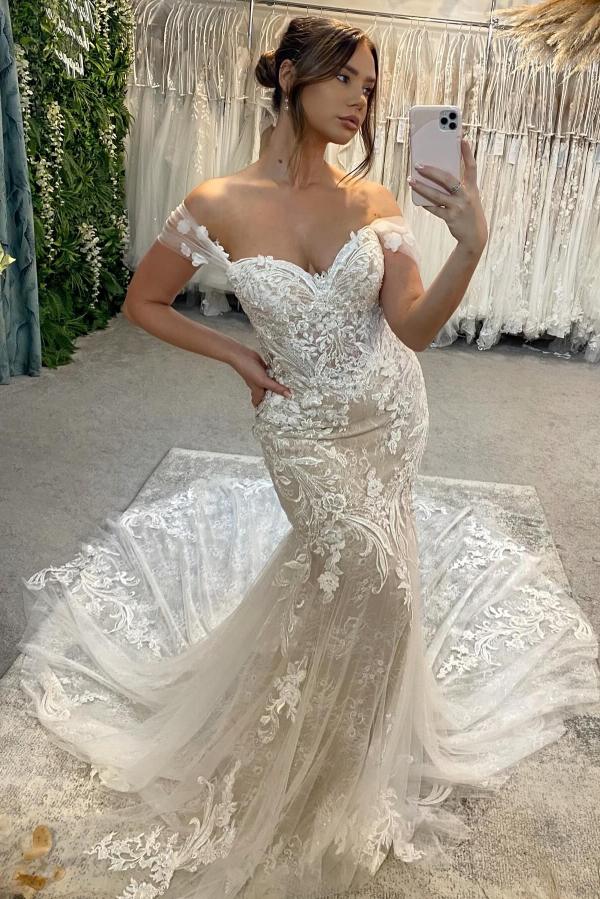 Off-the-Shoulder Tulle Lace Mermaid Bridal Dress Floral Appliques Sweetheart Wedding Dresses-newarrivaldress