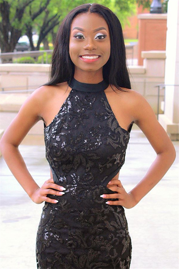 Sexy Blcak Halter Sleeveless Applique Tulle Sexy Mermaid Prom Dress-newarrivaldress