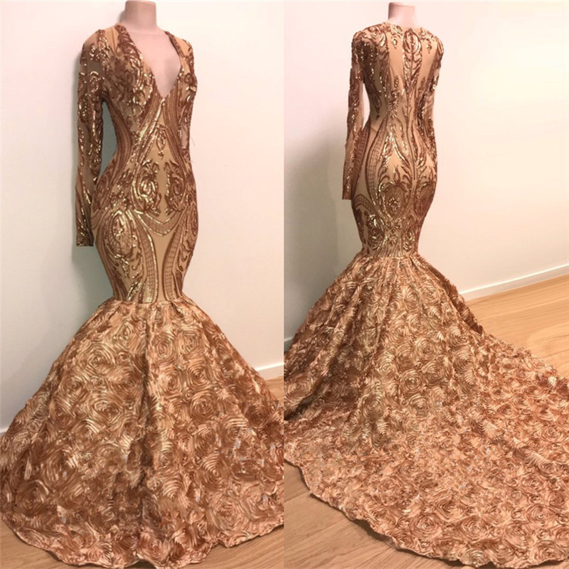 Long Sleeve Mermaid Gold Long Prom Dresses for Junior | V-neck Flowers Formal Dresses for Women