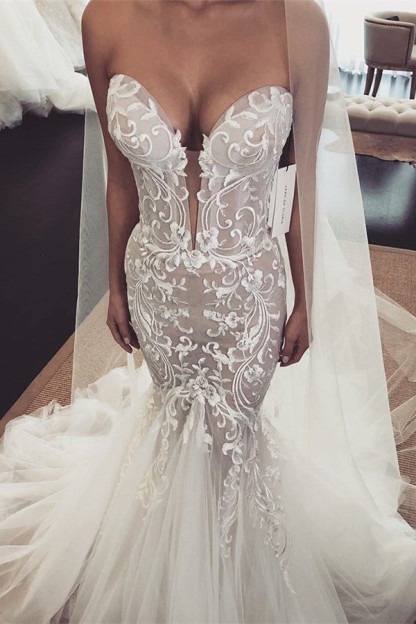 Glamorous Appliques V-Neck Sleeveless Tulle Mermaid Wedding Dress-newarrivaldress