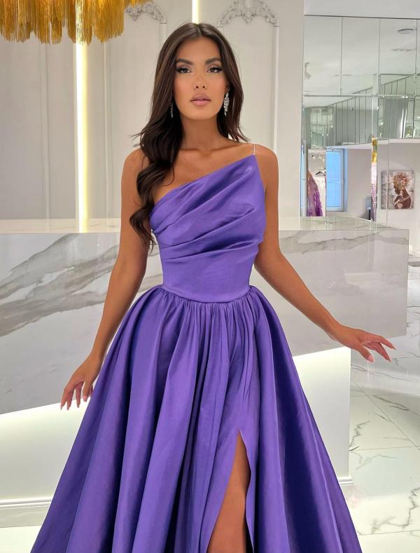 Elegant One Shoulder Ruched Satin Long Evening Dress with Front Slit-newarrivaldress