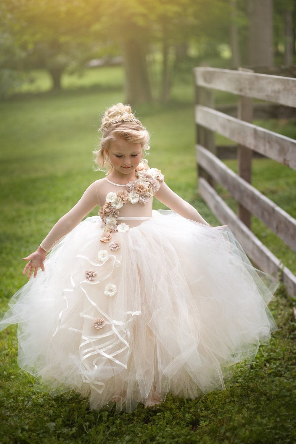 Long Sleeves Tulle 3D Floral Flower Girl Dress Jewel Neck Party Dress for Kids-newarrivaldress