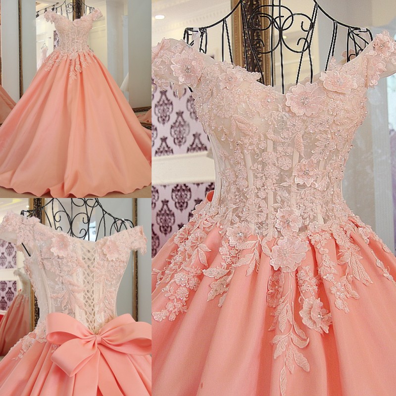 Lace Off-The-Shoulder Bow Ball Gown Sweep Train Prom Dresses-newarrivaldress