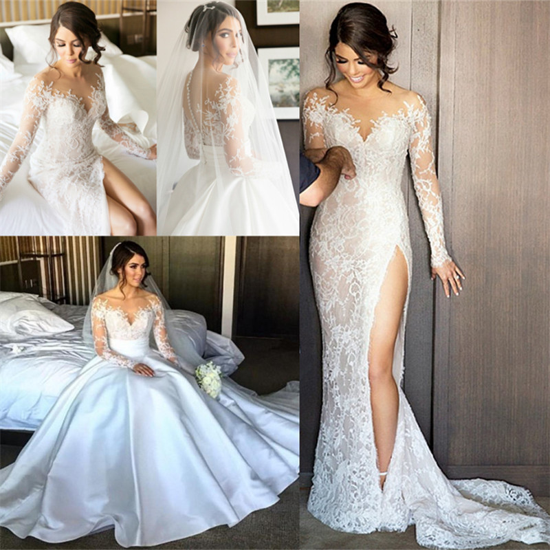 Satin Elegant A-Line Wedding Dresses Long Sleeve Lace Appliques Bridal Gowns-newarrivaldress