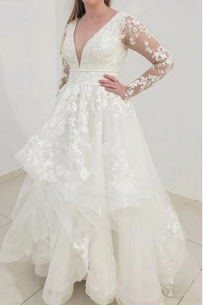 Elegant Long Sleeves A-line Wedding Dress Deep V-Neck Puffy Layers Lace Bridal Dress-newarrivaldress