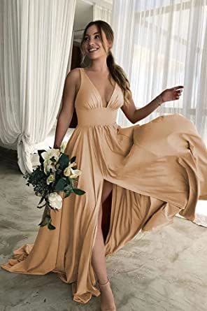 Sexy V-Neck Sleeveless Bridesmaid Dress | Split Bridesmaid Dresses Long for Women Wedding A Line Formal Dress-newarrivaldress