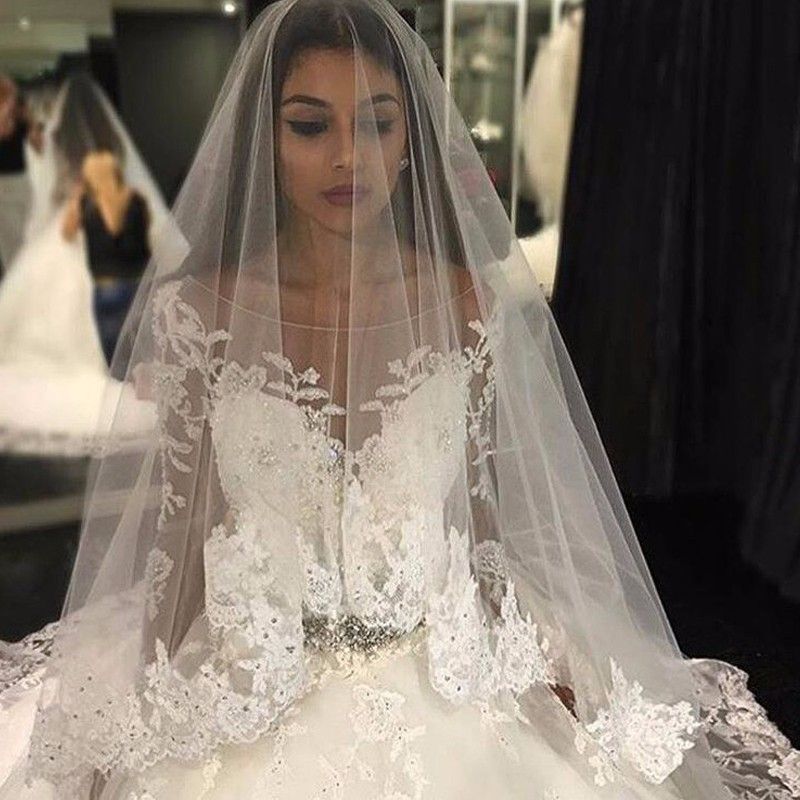 Luxury Tulle Long Sleeve Scoop Crystals Custom Made Wedding Dresses-newarrivaldress