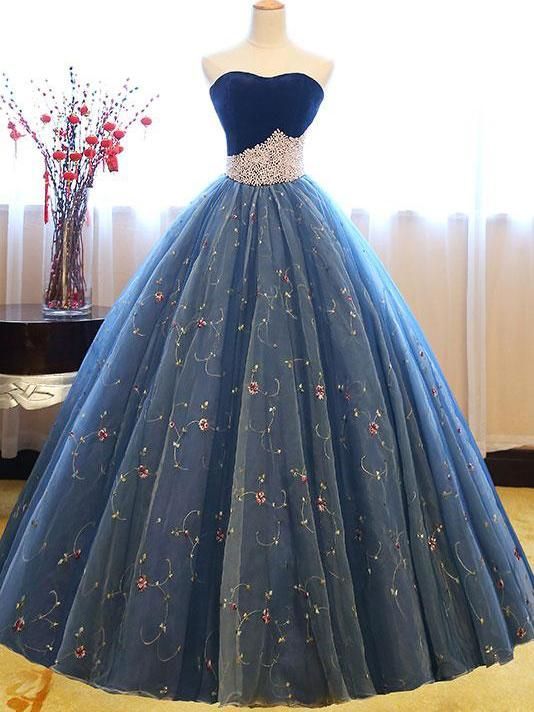Embroidery Puffy Exquisite Pearls Sweetheart Long Prom Dresses-newarrivaldress