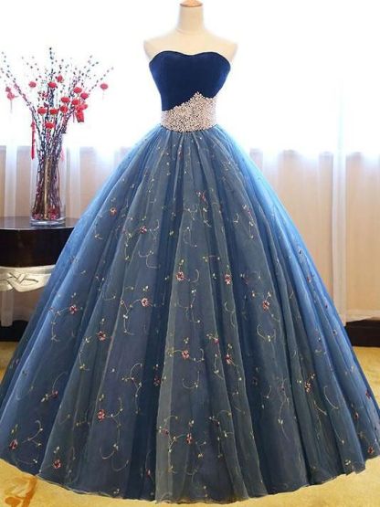 Embroidery Puffy Exquisite Pearls Sweetheart Long Prom Dresses-newarrivaldress