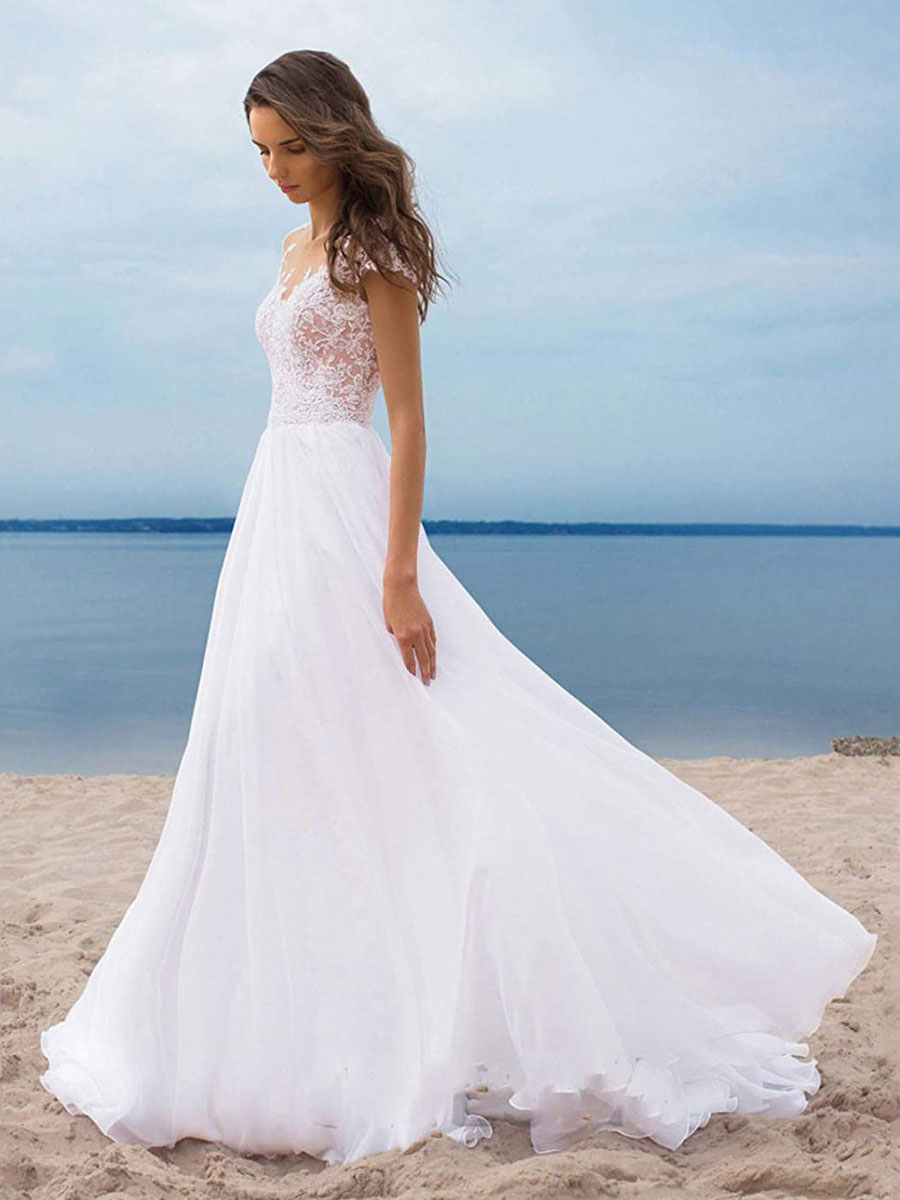 Boho Wedding Dresses 2021 Chiffon V Neck Short Sleeves A Line Split Front Bridal Dresses For Beach Wedding-newarrivaldress
